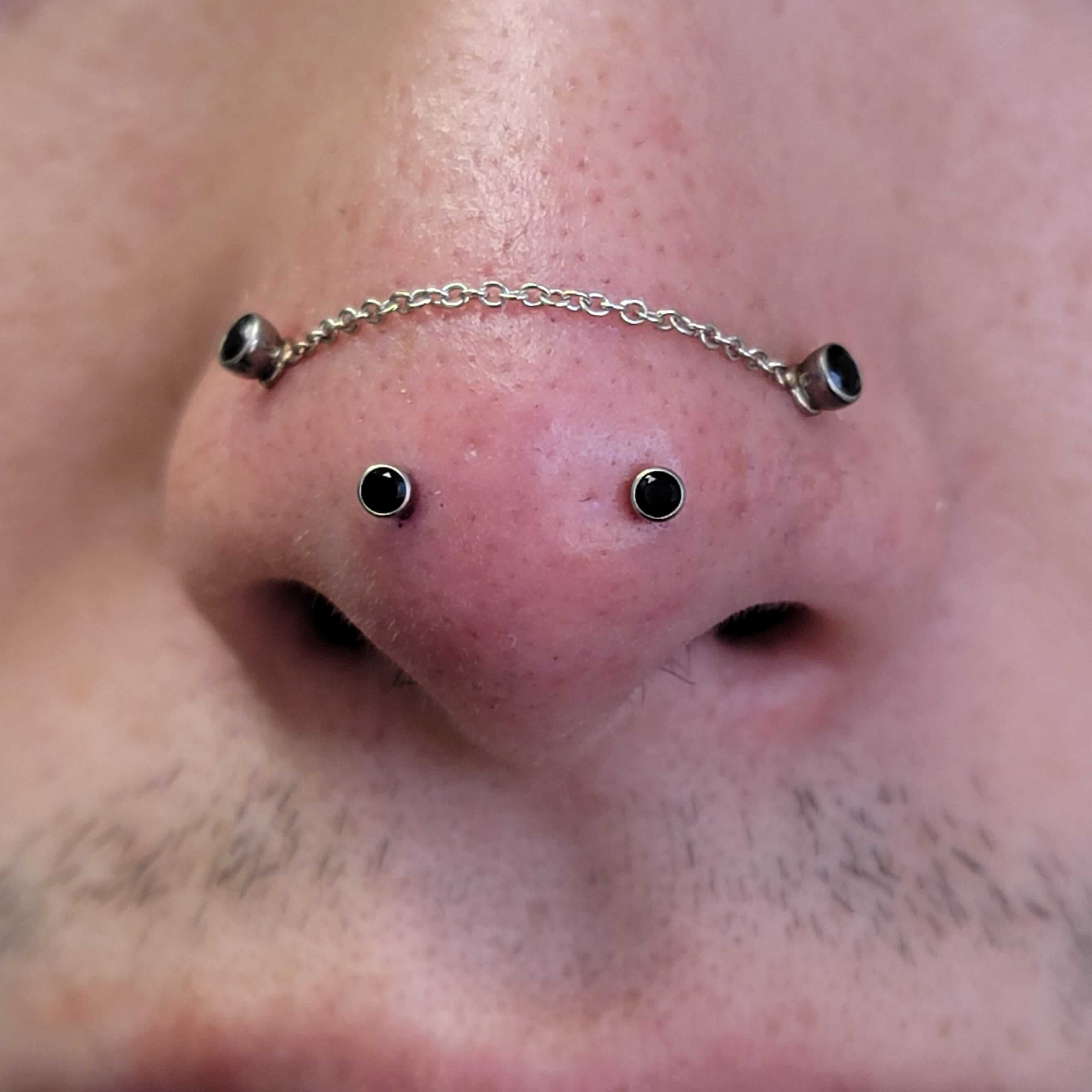 Mantis piercings and double nostril piercings adorned with a 14k white gold chain