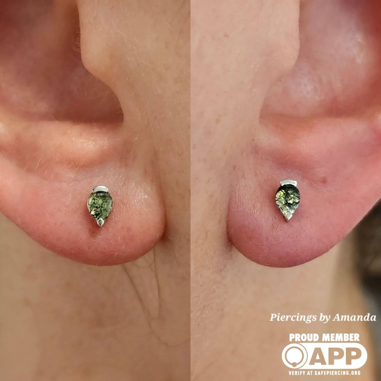 Lobe piercings with white gold and moss agate
