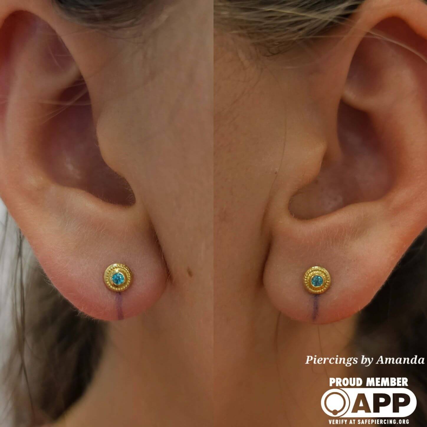 Lobe piercings with 18k yellow gold