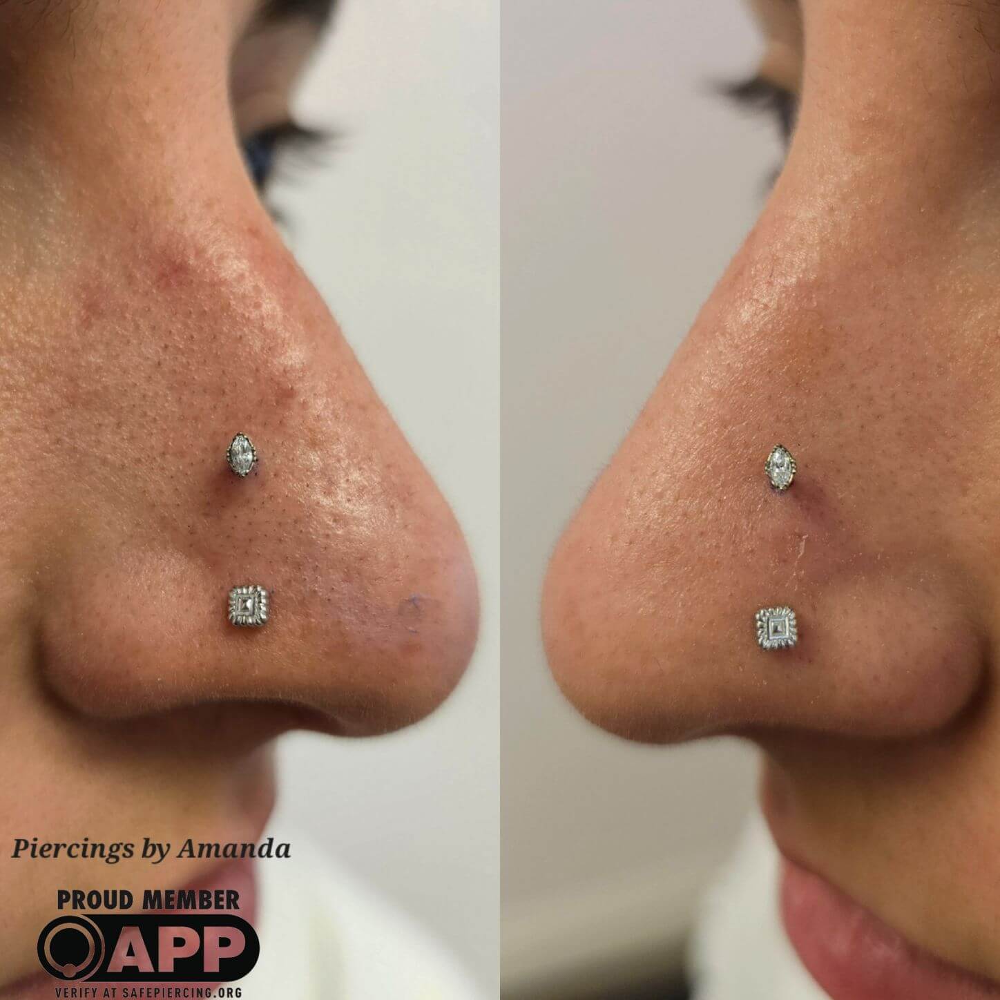 Fresh high nostril piercings with 18k white gold above a set of healed paired nostril piercings with 14k white gold 